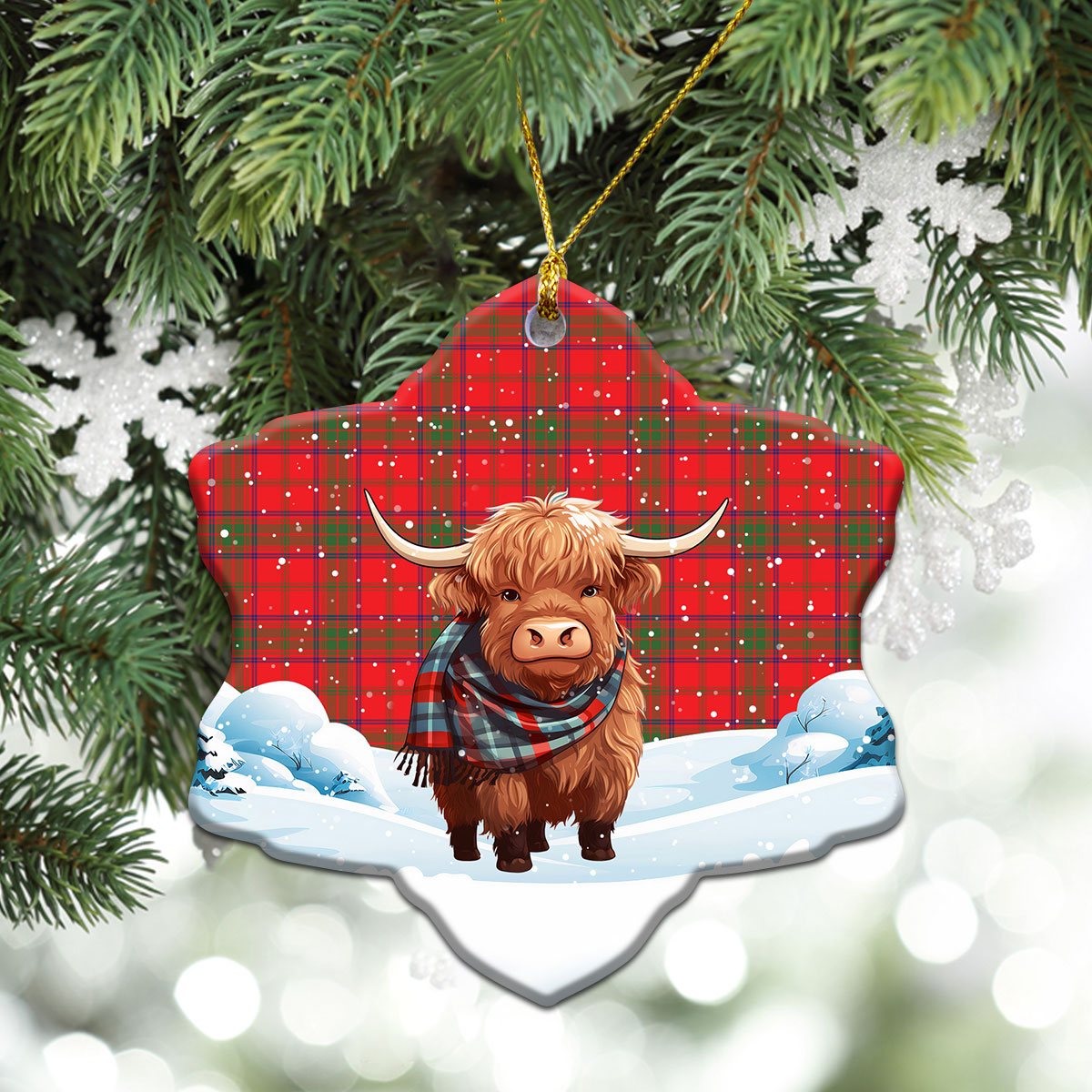 Ross Modern Tartan Christmas Ceramic Ornament - Highland Cows Snow Style