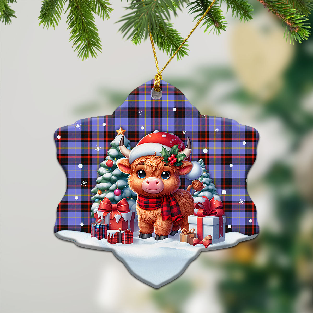 Rutherford Tartan Christmas Ceramic Ornament - Highland Cow Winter Style