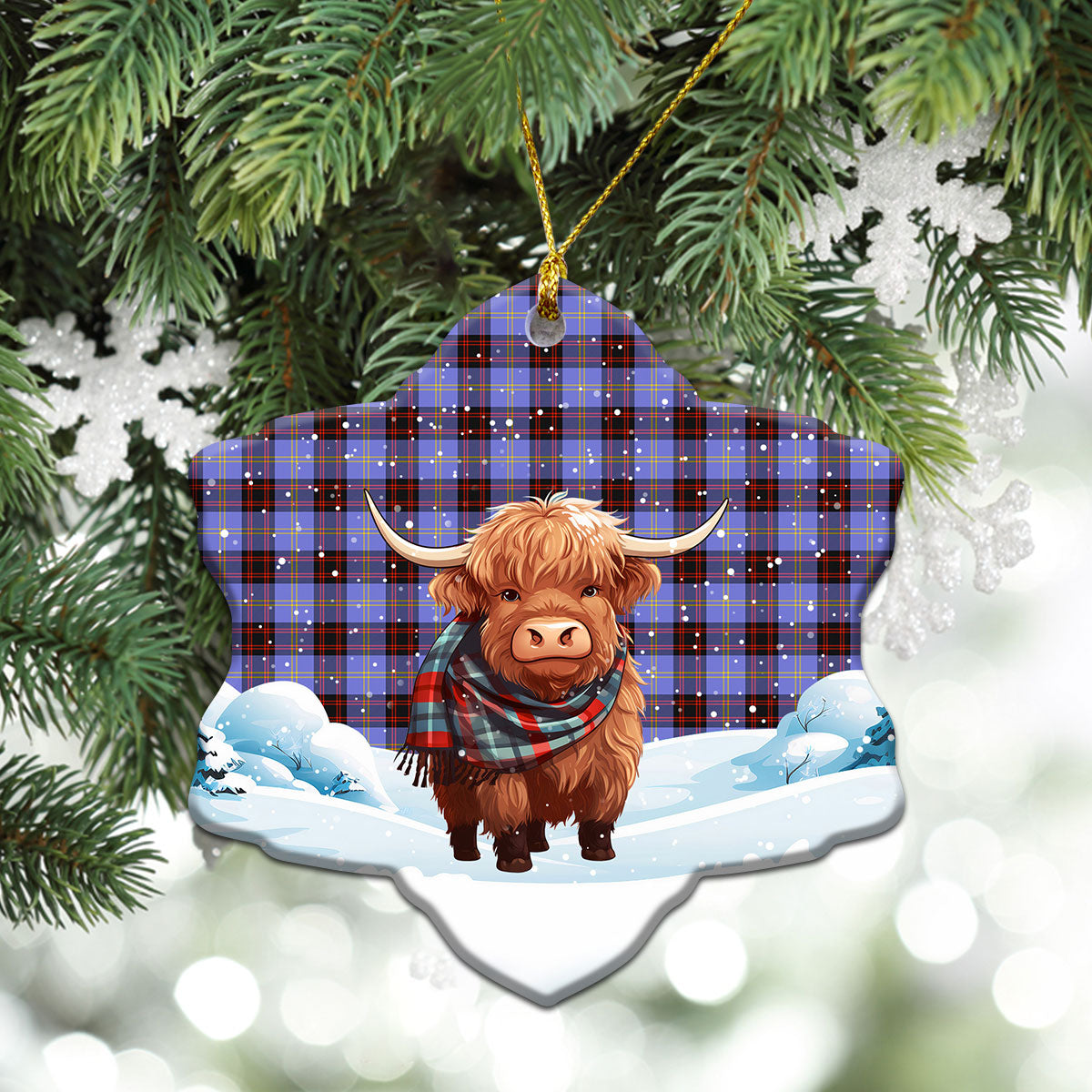 Rutherford Tartan Christmas Ceramic Ornament - Highland Cows Snow Style