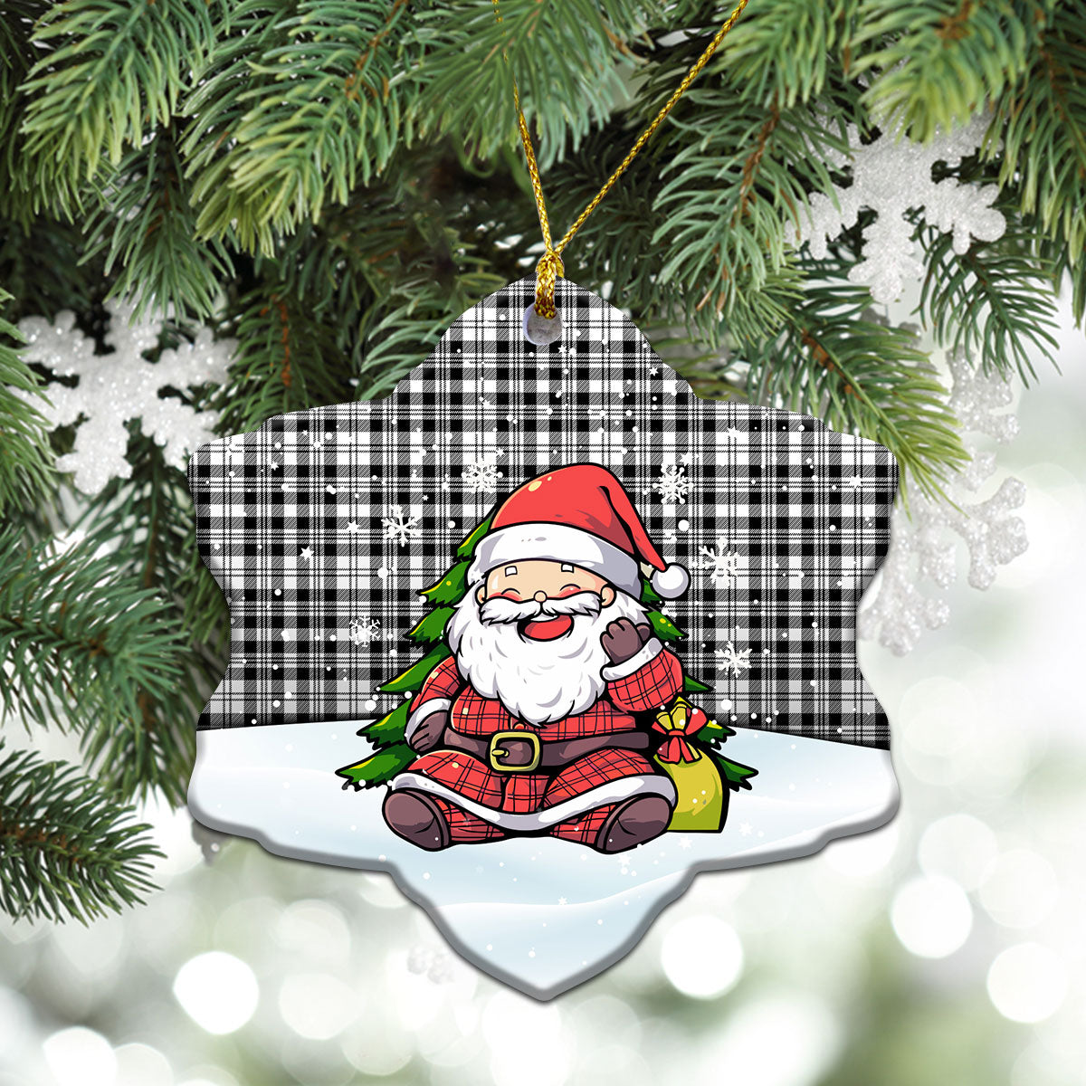 Scott Black & White Modern Tartan Christmas Ceramic Ornament - Scottish Santa Style