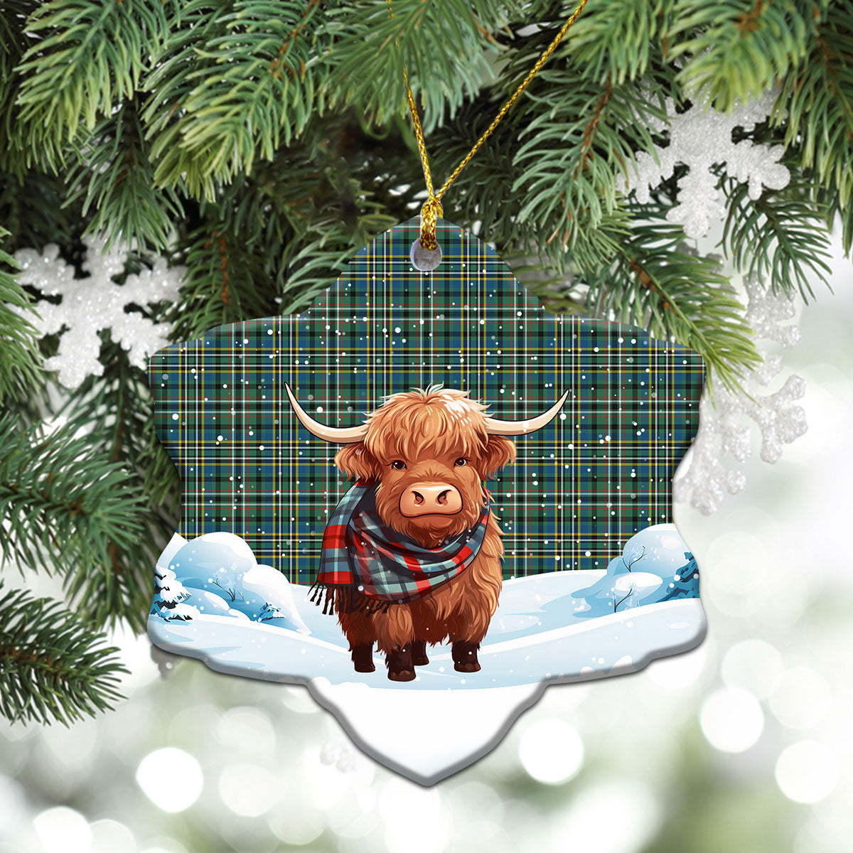 Scott Green Ancient Tartan Christmas Ceramic Ornament - Highland Cows Snow Style