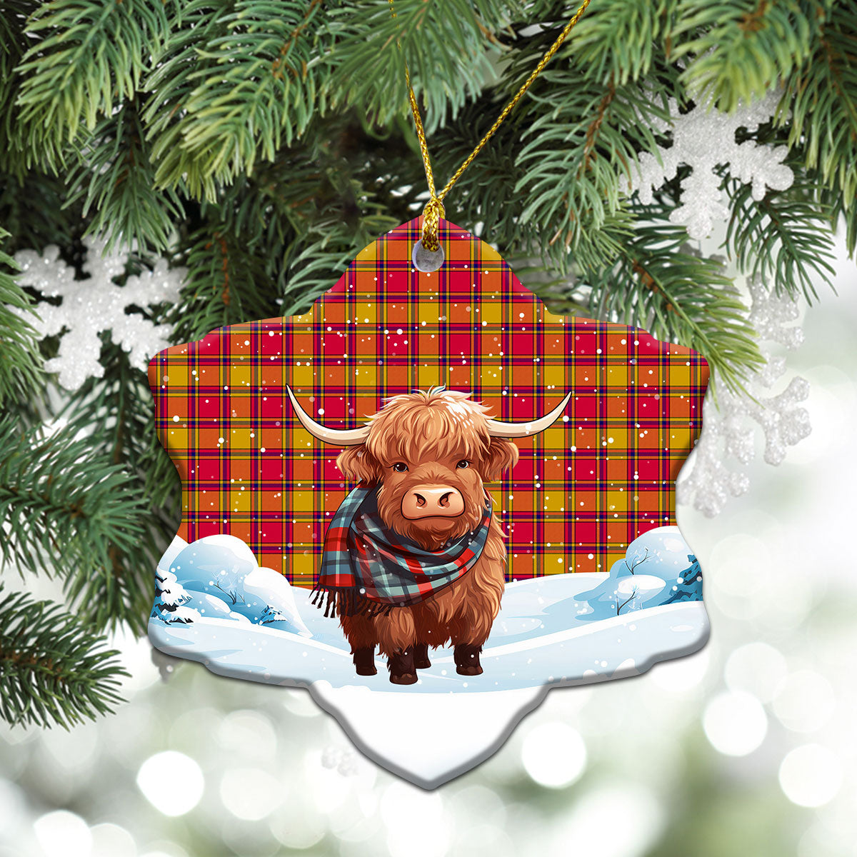 Scrymgeour Tartan Christmas Ceramic Ornament - Highland Cows Snow Style