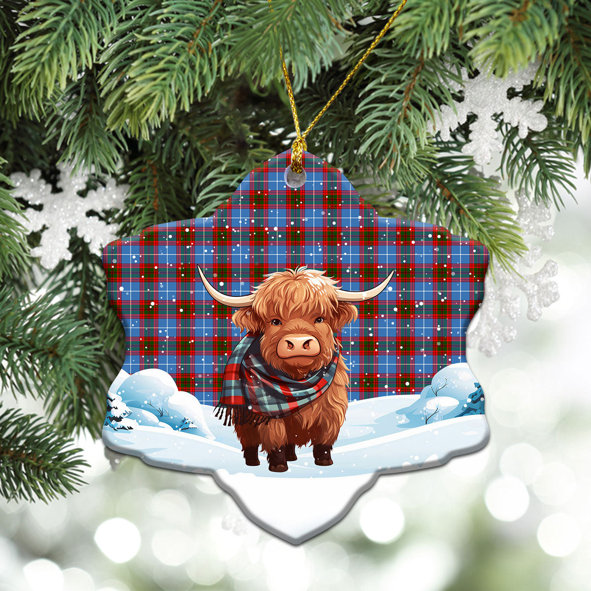 Skirving Tartan Christmas Ceramic Ornament - Highland Cows Snow Style