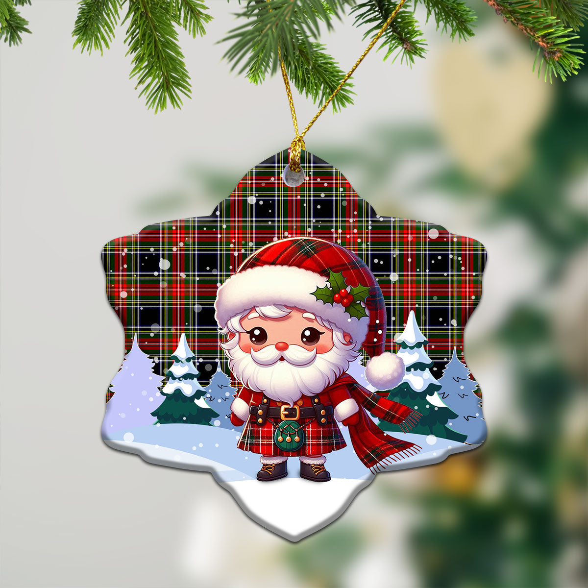 Stewart Black Tartan Christmas Ceramic Ornament - Santa Claus In Kilt Style