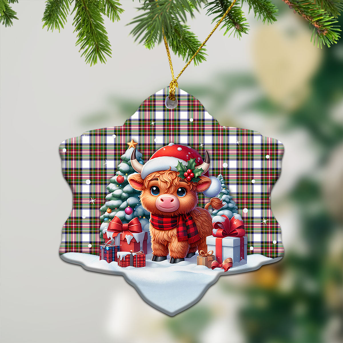 Stewart Dress Modern Tartan Christmas Ceramic Ornament - Highland Cow Winter Style