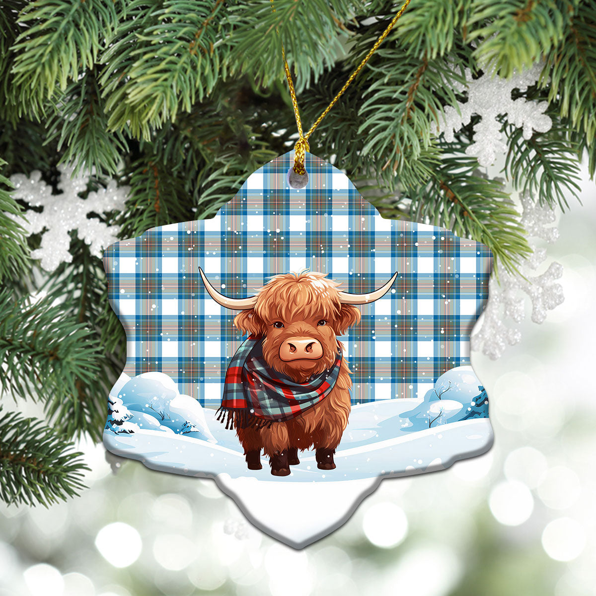 Stewart Muted Blue Tartan Christmas Ceramic Ornament - Highland Cows Snow Style