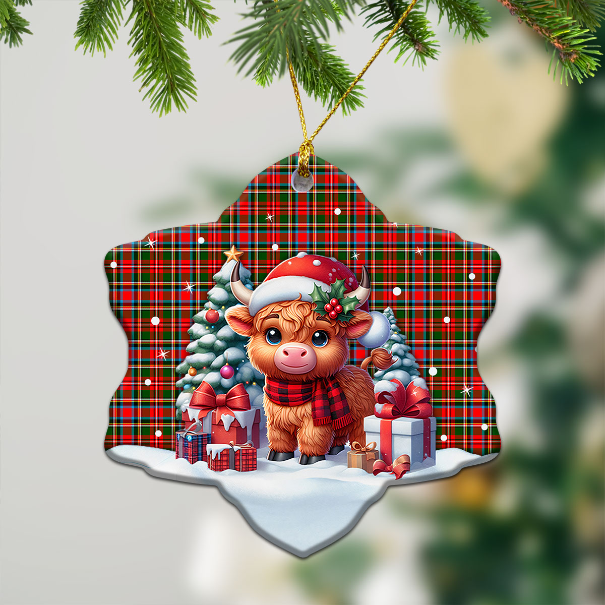 Stewart Royal Tartan Christmas Ceramic Ornament - Highland Cow Winter Style