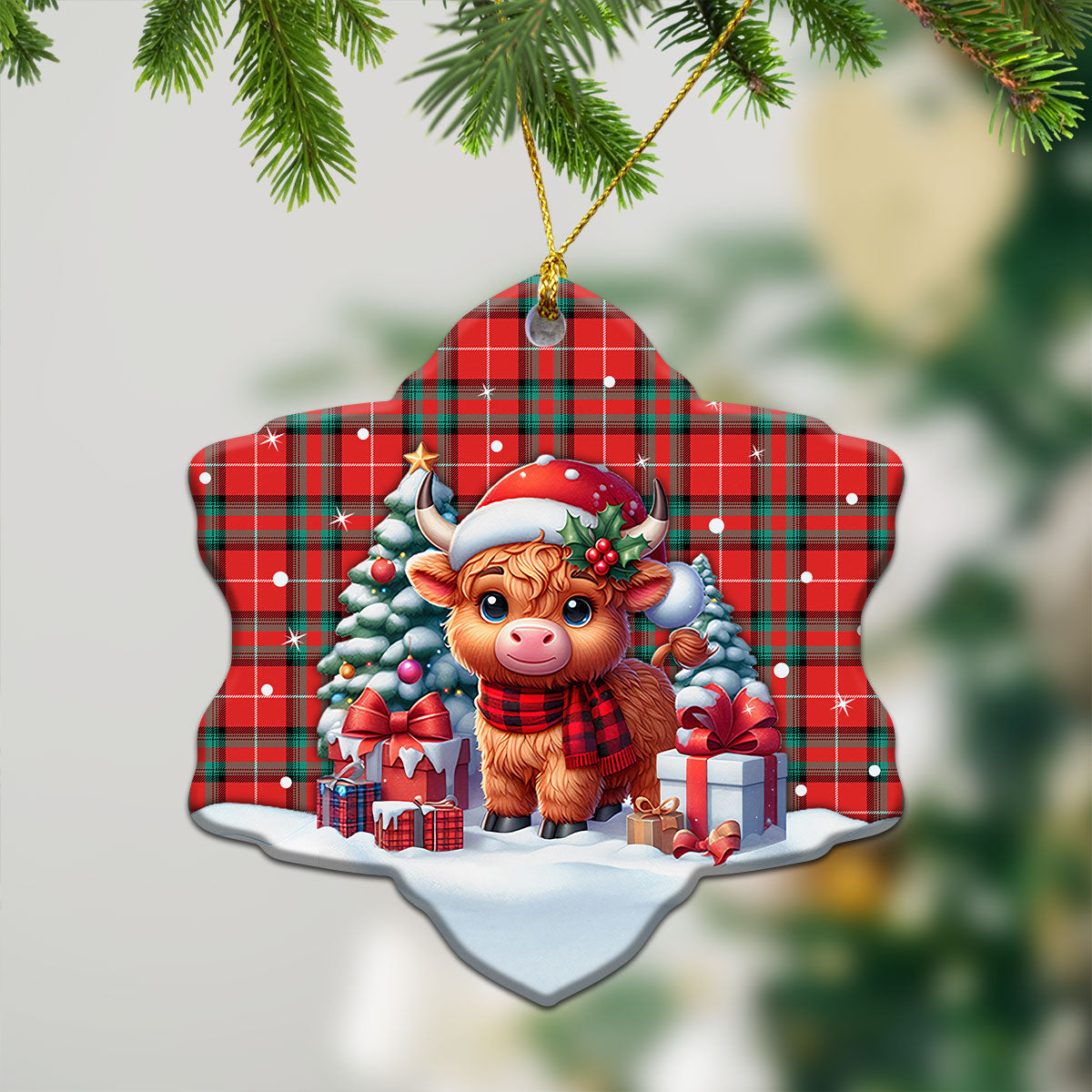 Stewart (Stuart) of Bute Tartan Christmas Ceramic Ornament - Highland Cow Winter Style