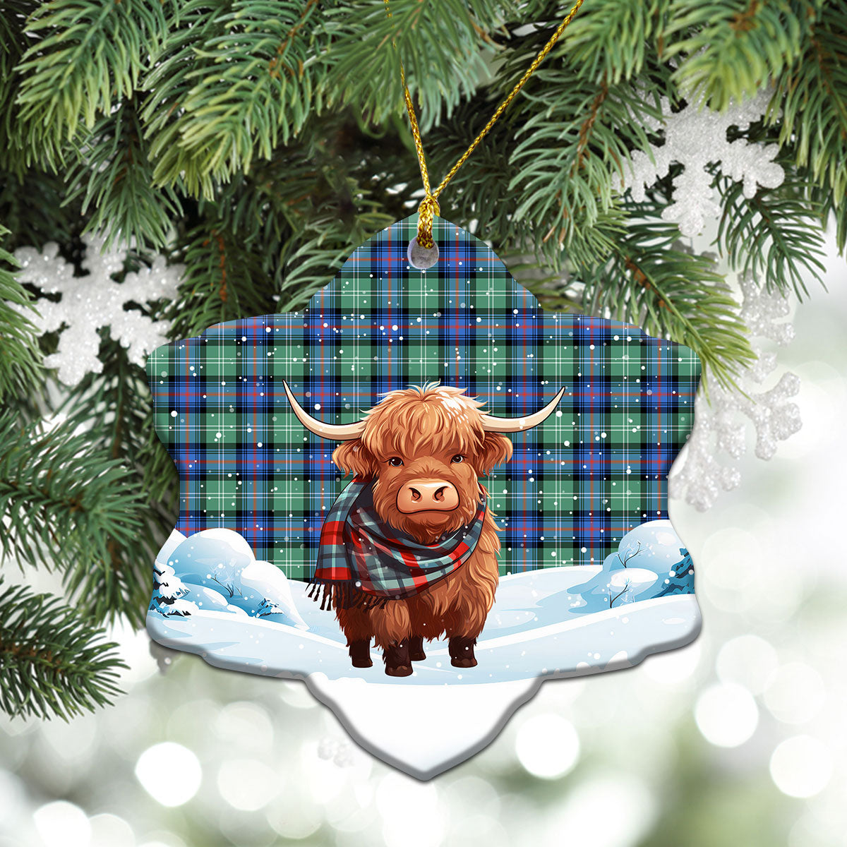 Sutherland Old Ancient Tartan Christmas Ceramic Ornament - Highland Cows Snow Style