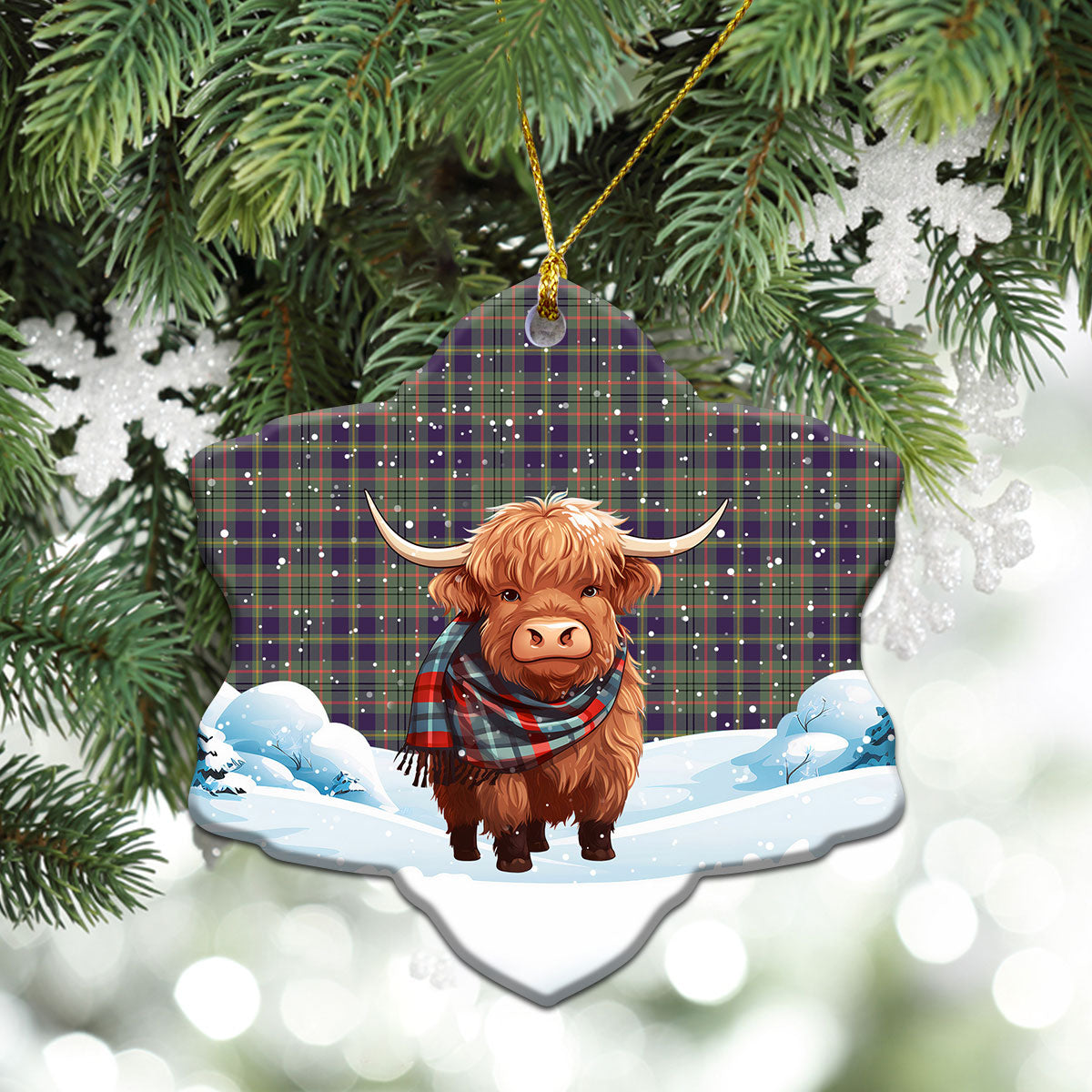 Taylor Weathered Tartan Christmas Ceramic Ornament - Highland Cows Snow Style