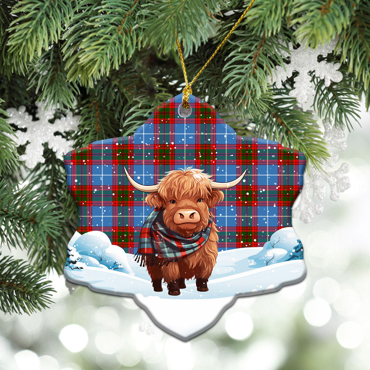 Trotter Tartan Christmas Ceramic Ornament - Highland Cows Snow Style