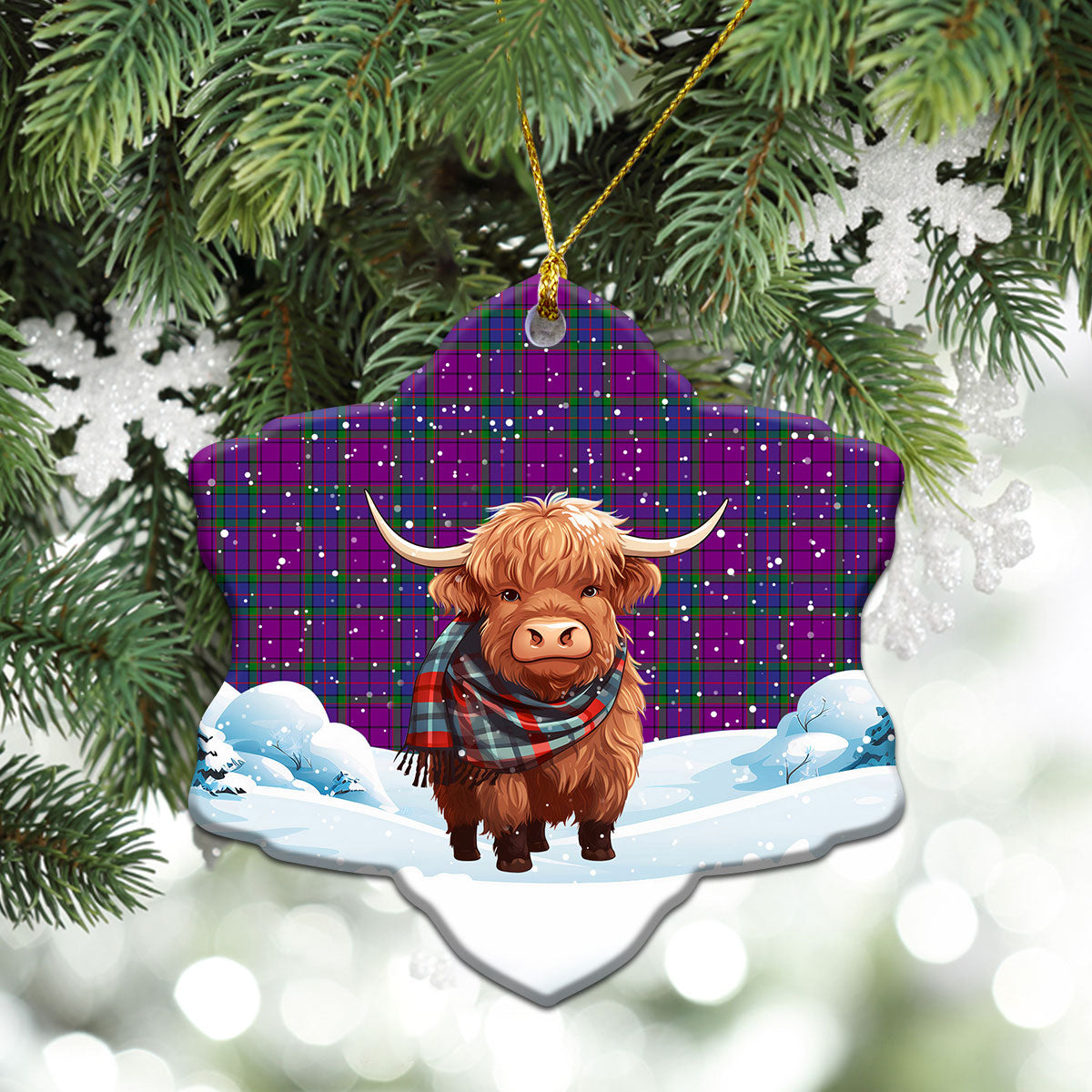 Wardlaw Modern Tartan Christmas Ceramic Ornament - Highland Cows Snow Style