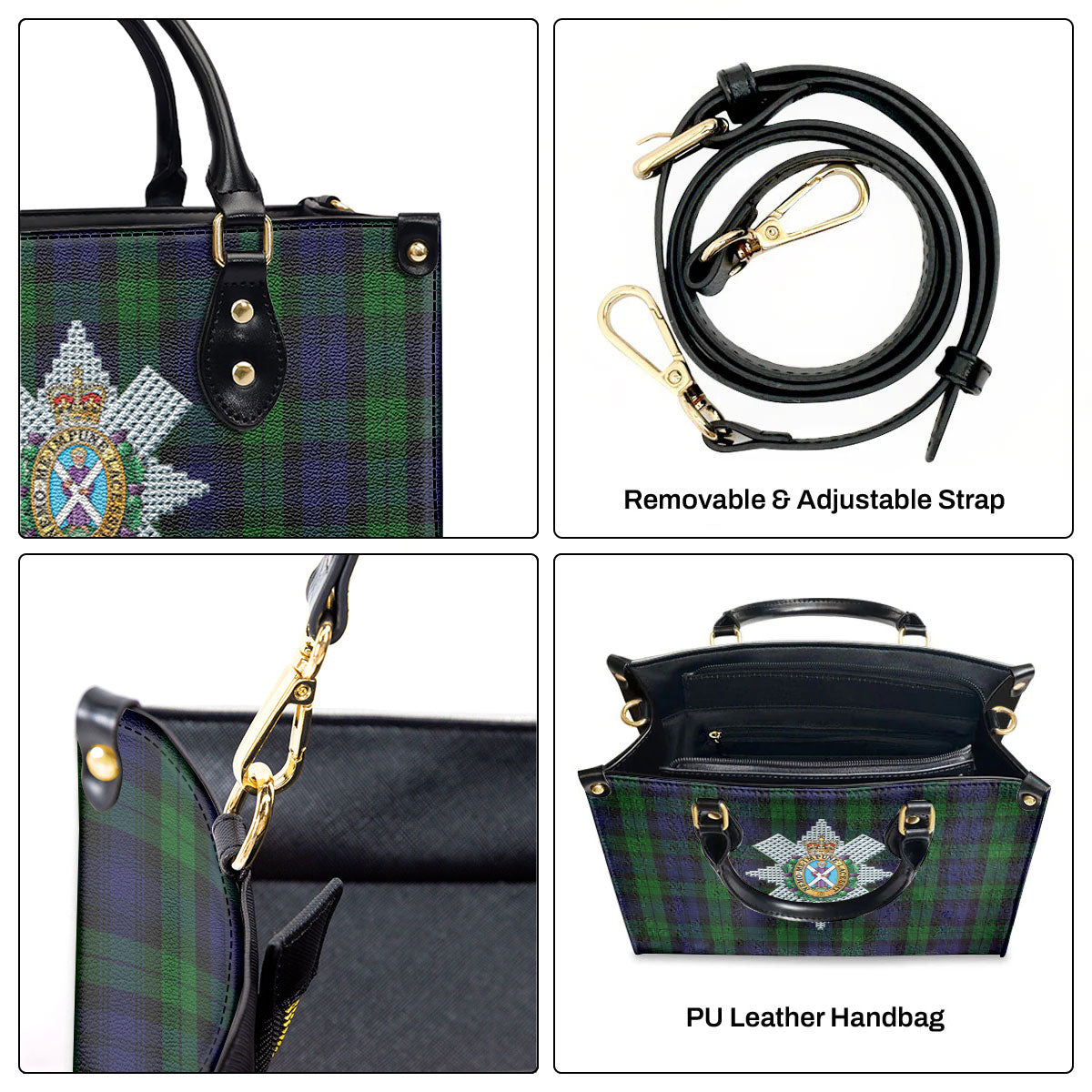Black Watch Tartan Crest Leather Handbag