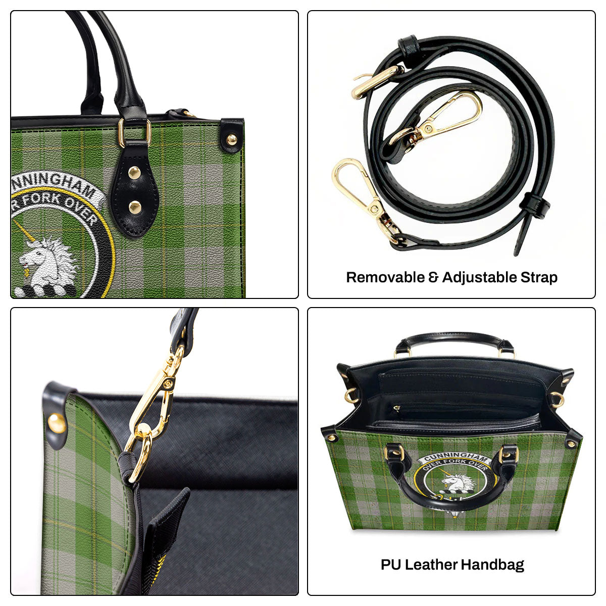 Cunningham Dress Green Dancers Tartan Crest Leather Handbag