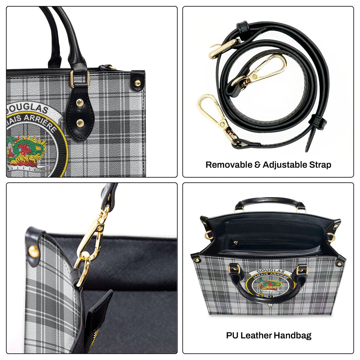 Douglas Grey Modern Tartan Crest Leather Handbag