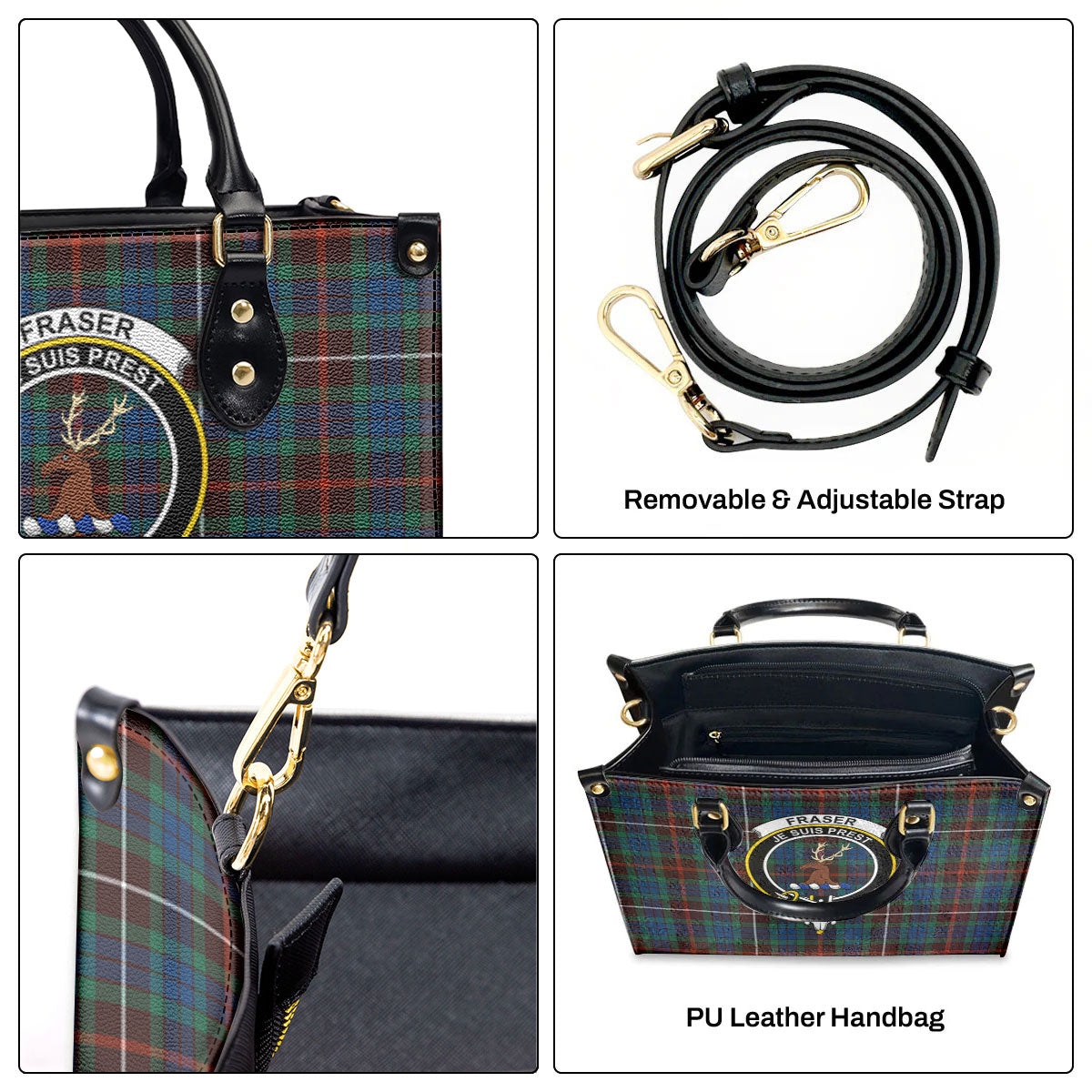 Fraser (of Lovat) Hunting Ancient Tartan Crest Leather Handbag