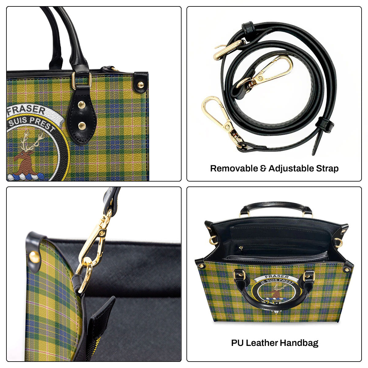 Fraser (of Lovat) Yellow Tartan Crest Leather Handbag