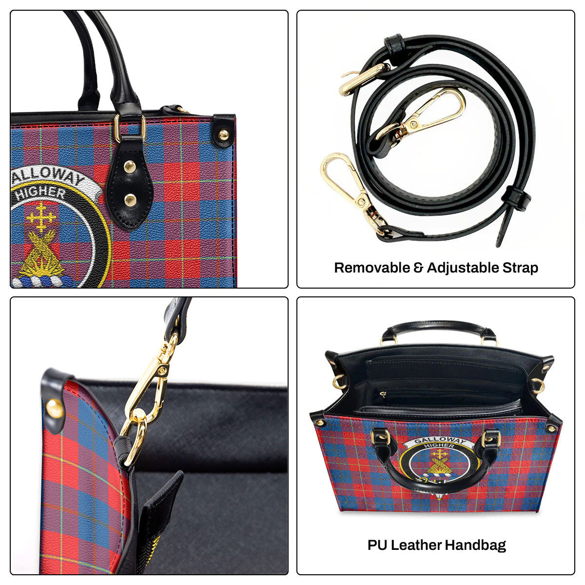 Galloway Red Tartan Crest Leather Handbag