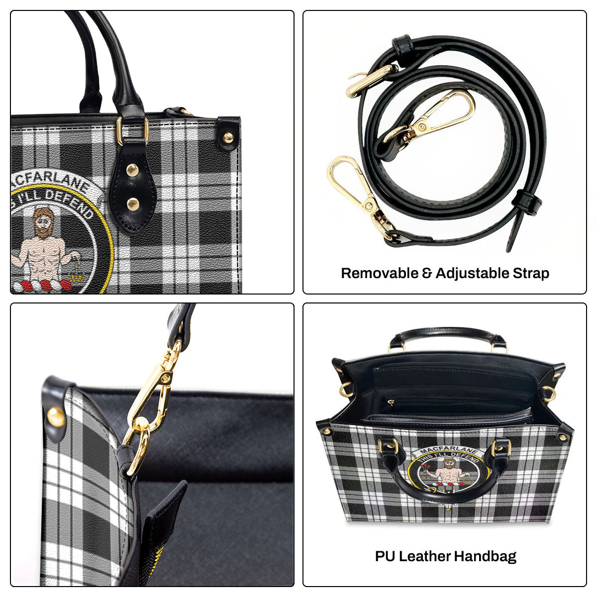 MacFarlane Black _ White Tartan Crest Leather Handbag