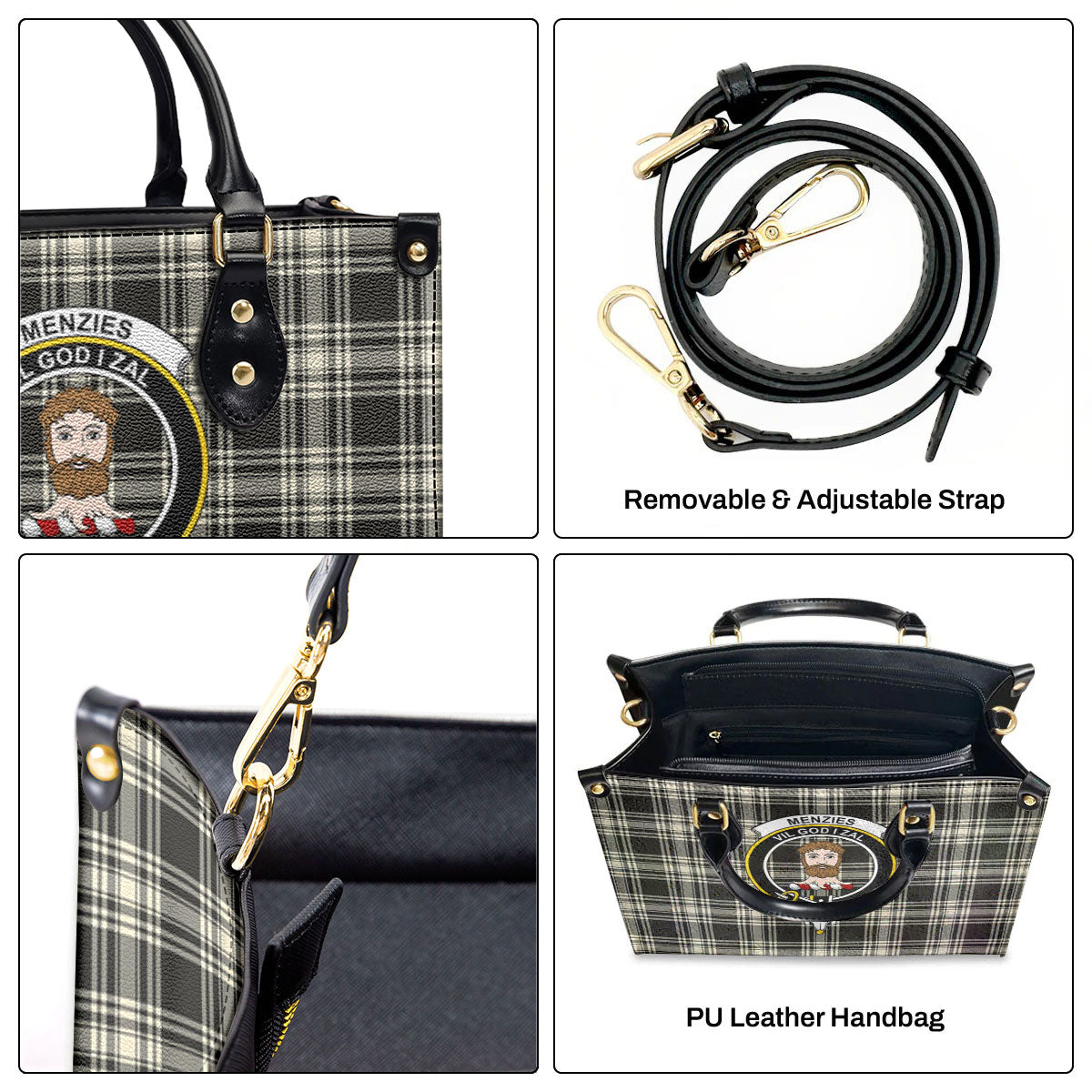 Menzies Black - White Ancient Tartan Crest Leather Handbag