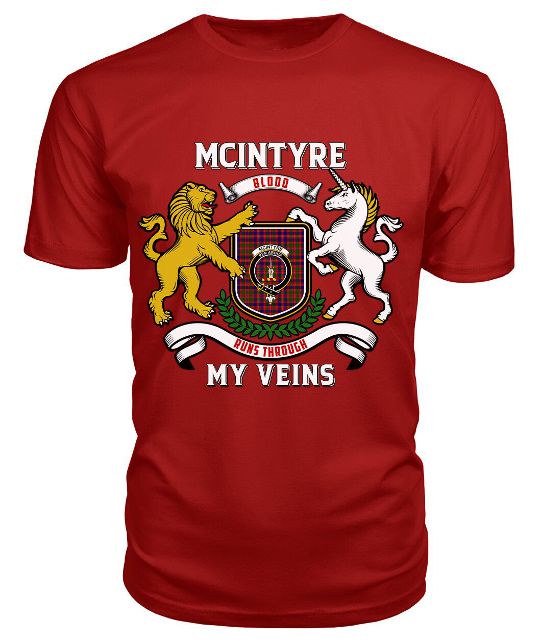 McIntyre Modern Tartan Crest 2D T-shirt - Blood Runs Through My Veins Style