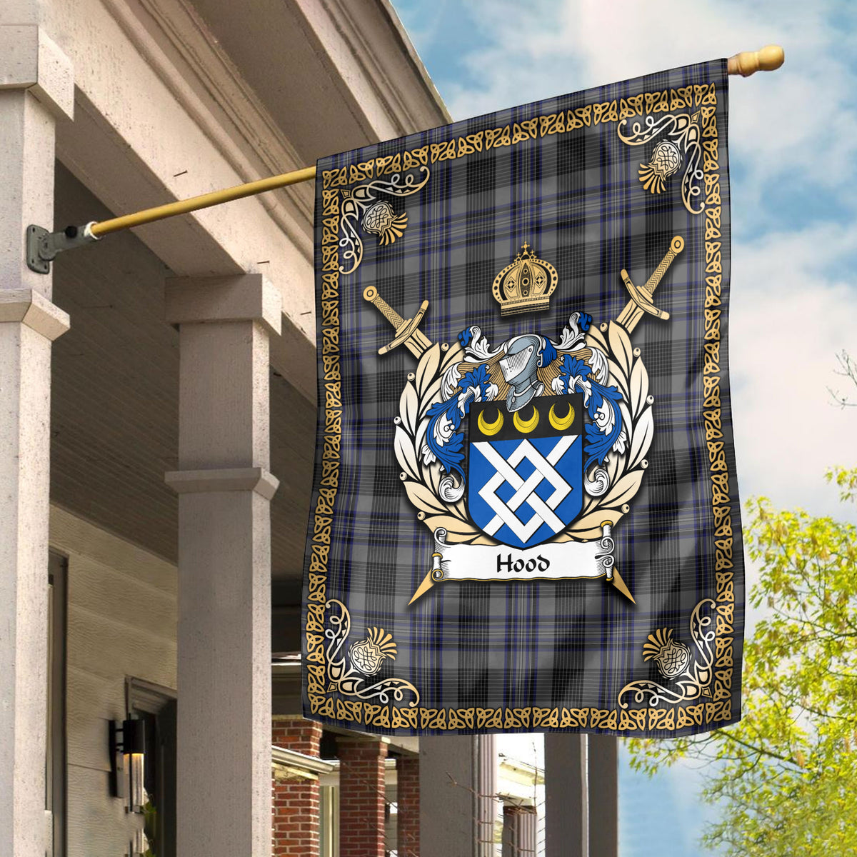 Hood Tartan Crest Garden Flag - Celtic Thistle Style