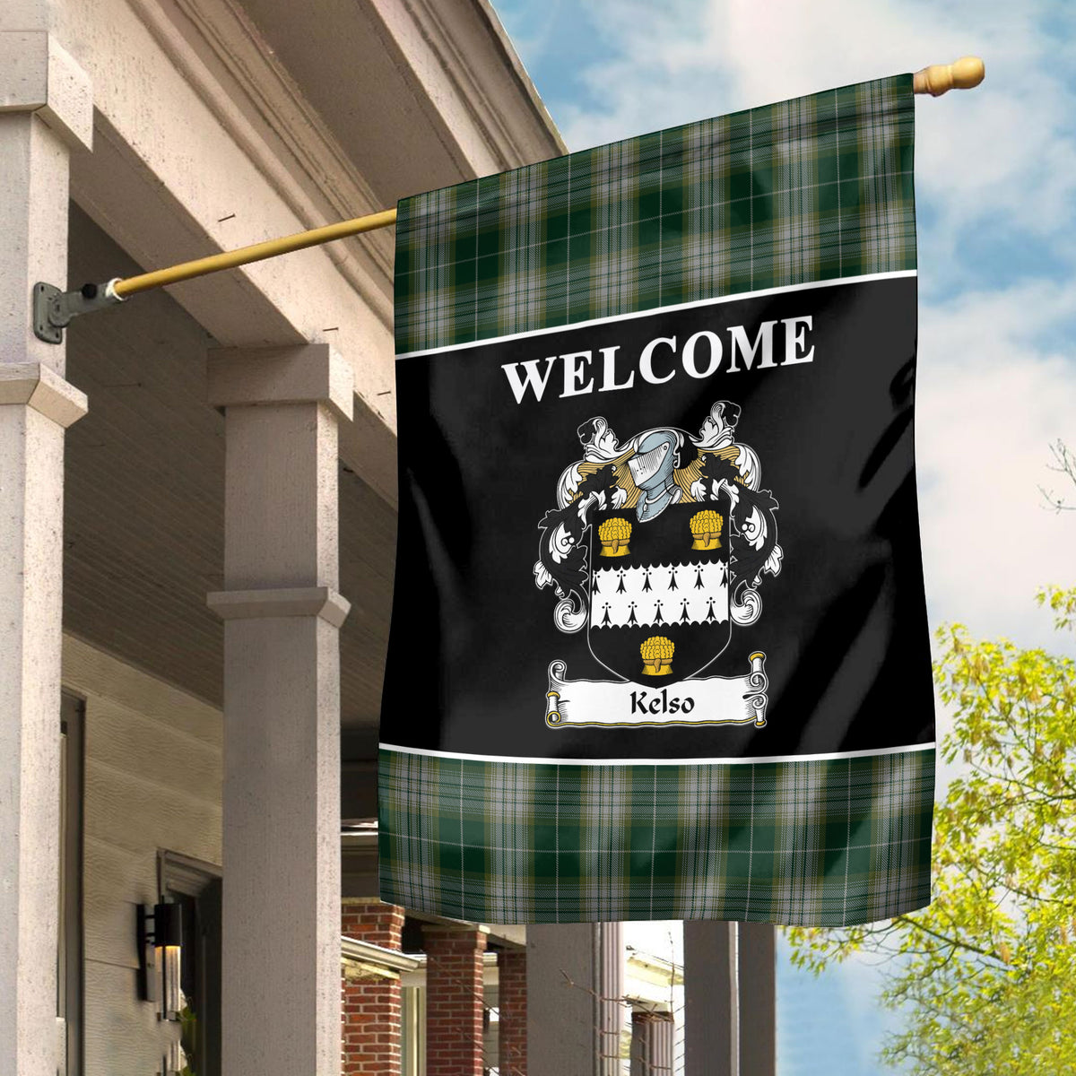 Kelso Tartan Crest Black Garden Flag