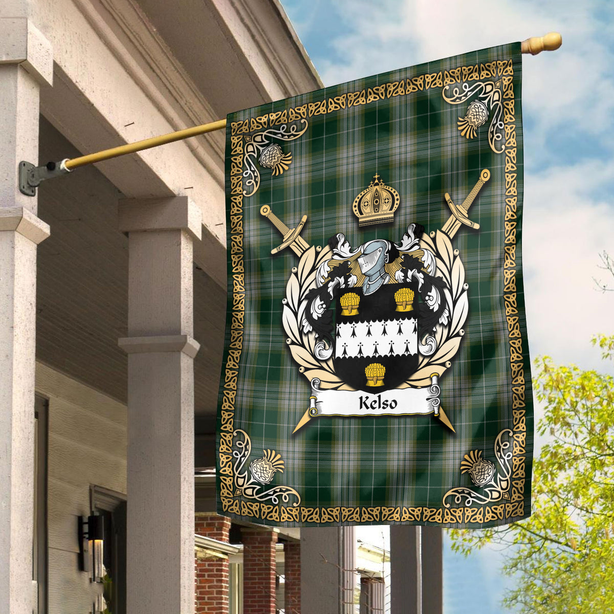 Kelso Tartan Crest Garden Flag - Celtic Thistle Style