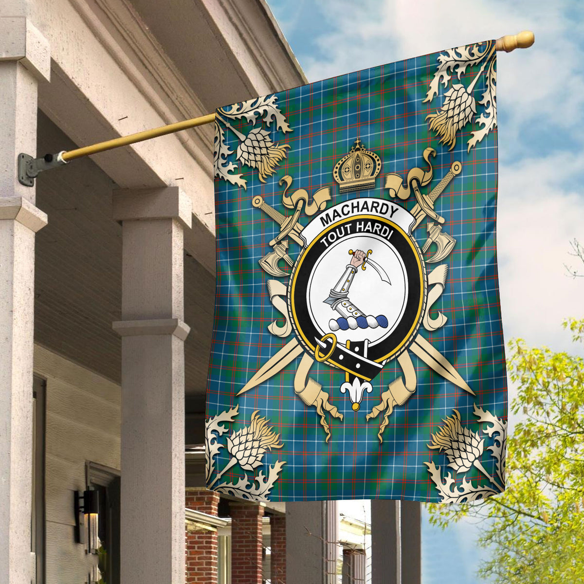 MacHardy Ancient Tartan Crest Black Garden Flag - Gold Thistle Style