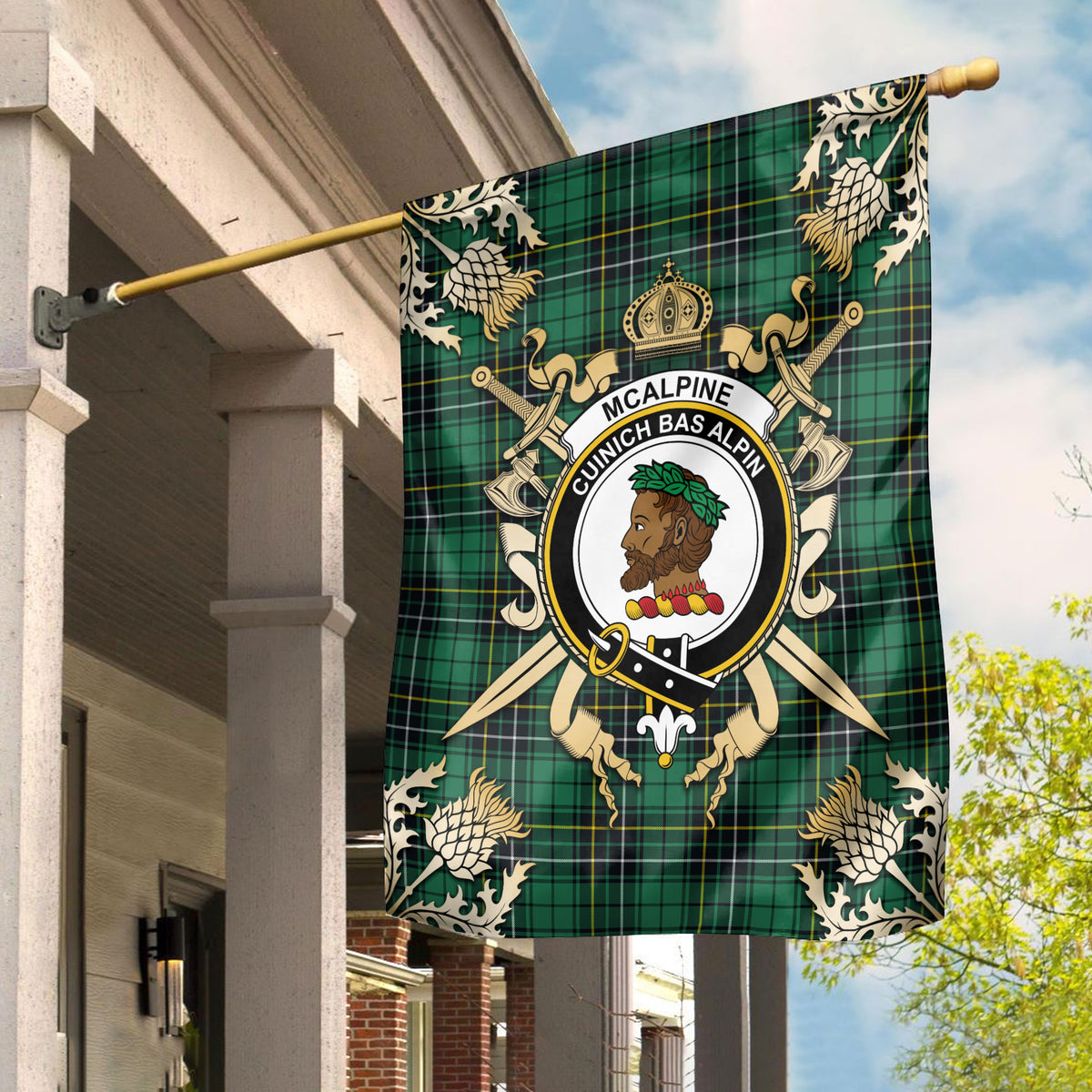 McAlpine Ancient Tartan Crest Garden Flag - Gold Thistle Style