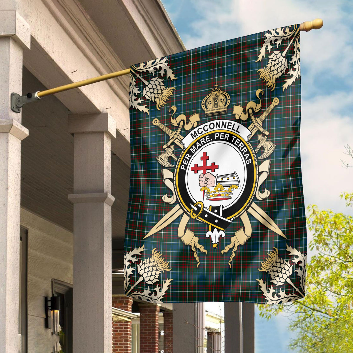 McConnell Tartan Crest Black Garden Flag - Gold Thistle Style