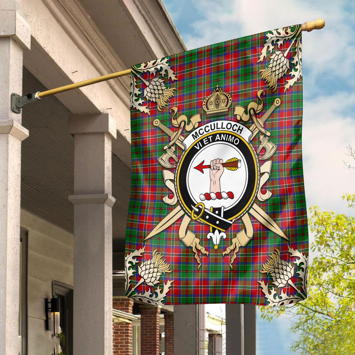 McCulloch Tartan Crest Black Garden Flag - Gold Thistle Style