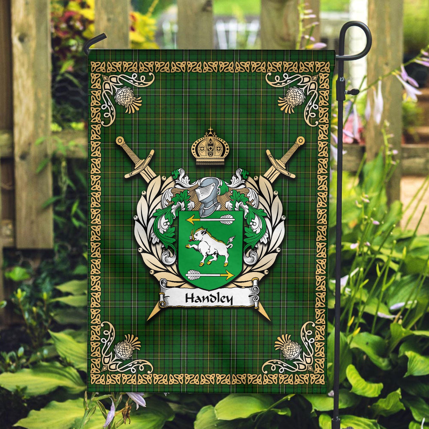 Handley Tartan Crest Garden Flag - Celtic Thistle Style