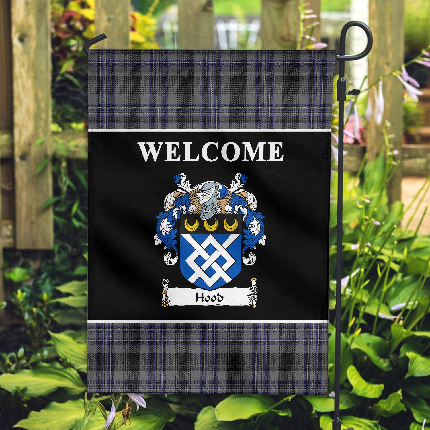 Hood Tartan Crest Black Garden Flag