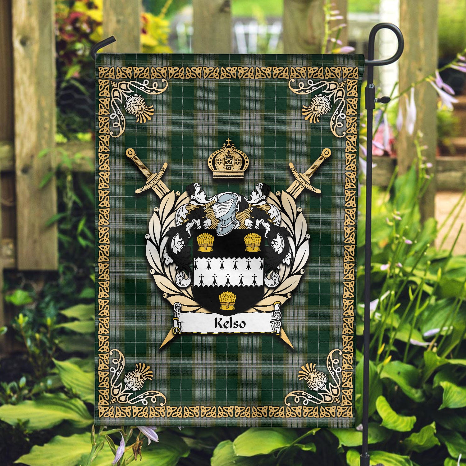 Kelso Tartan Crest Garden Flag - Celtic Thistle Style