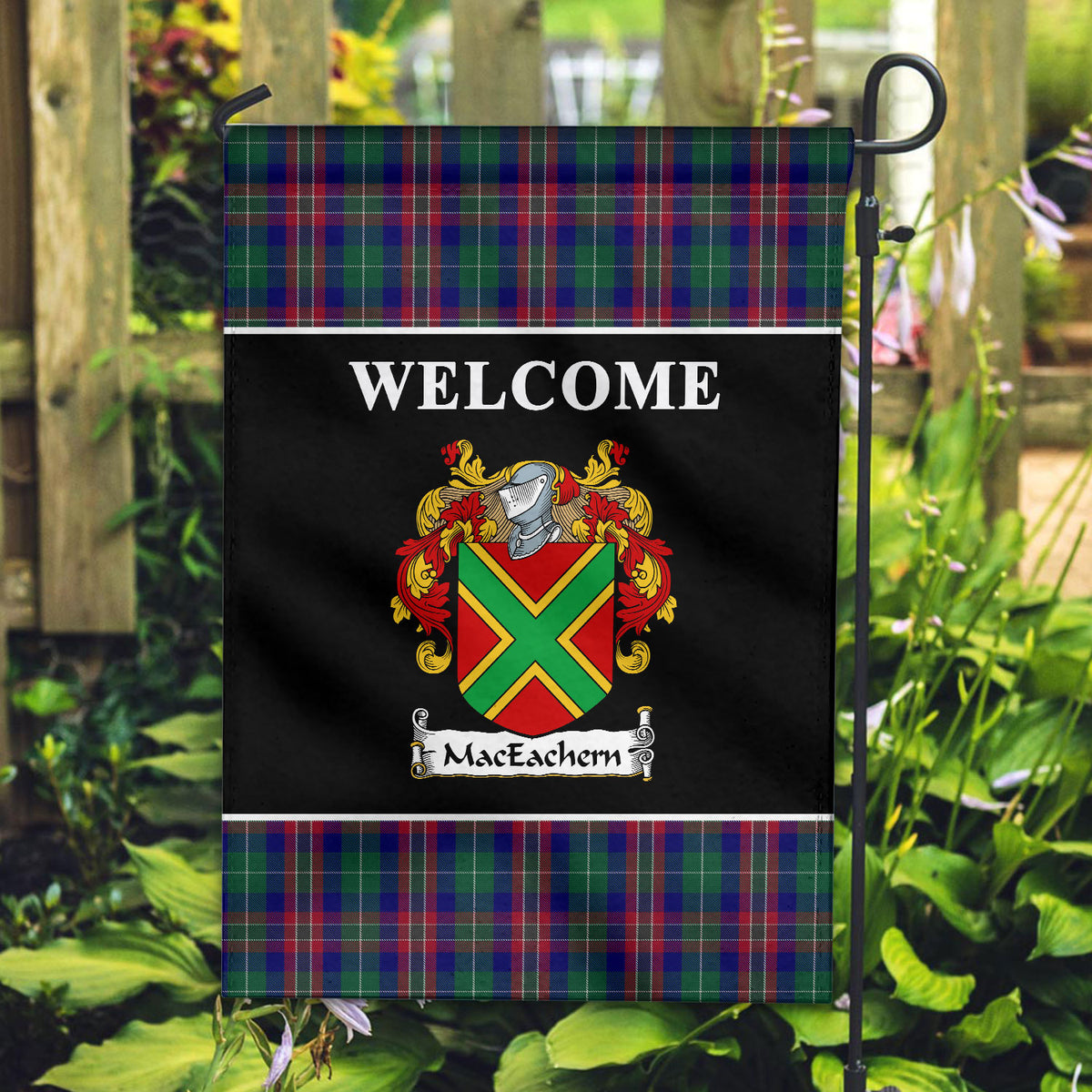 MacEachern Tartan Crest Black Garden Flag