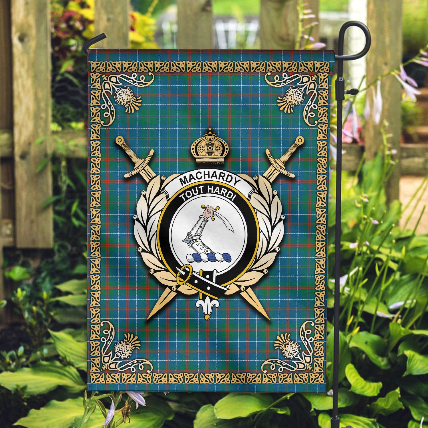 MacHardy Ancient Tartan Crest Garden Flag - Celtic Thistle Style