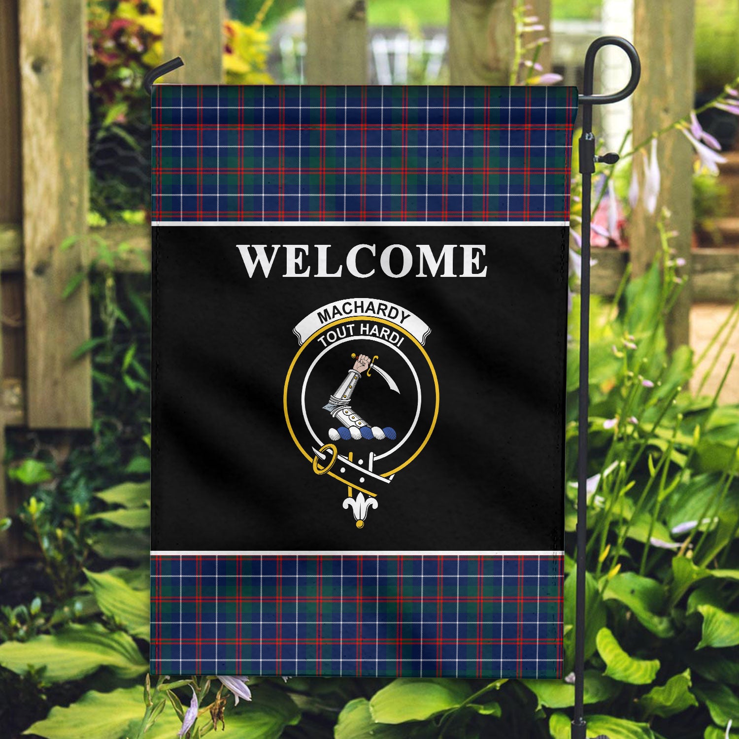 MacHardy Modern Tartan Crest Black Garden Flag