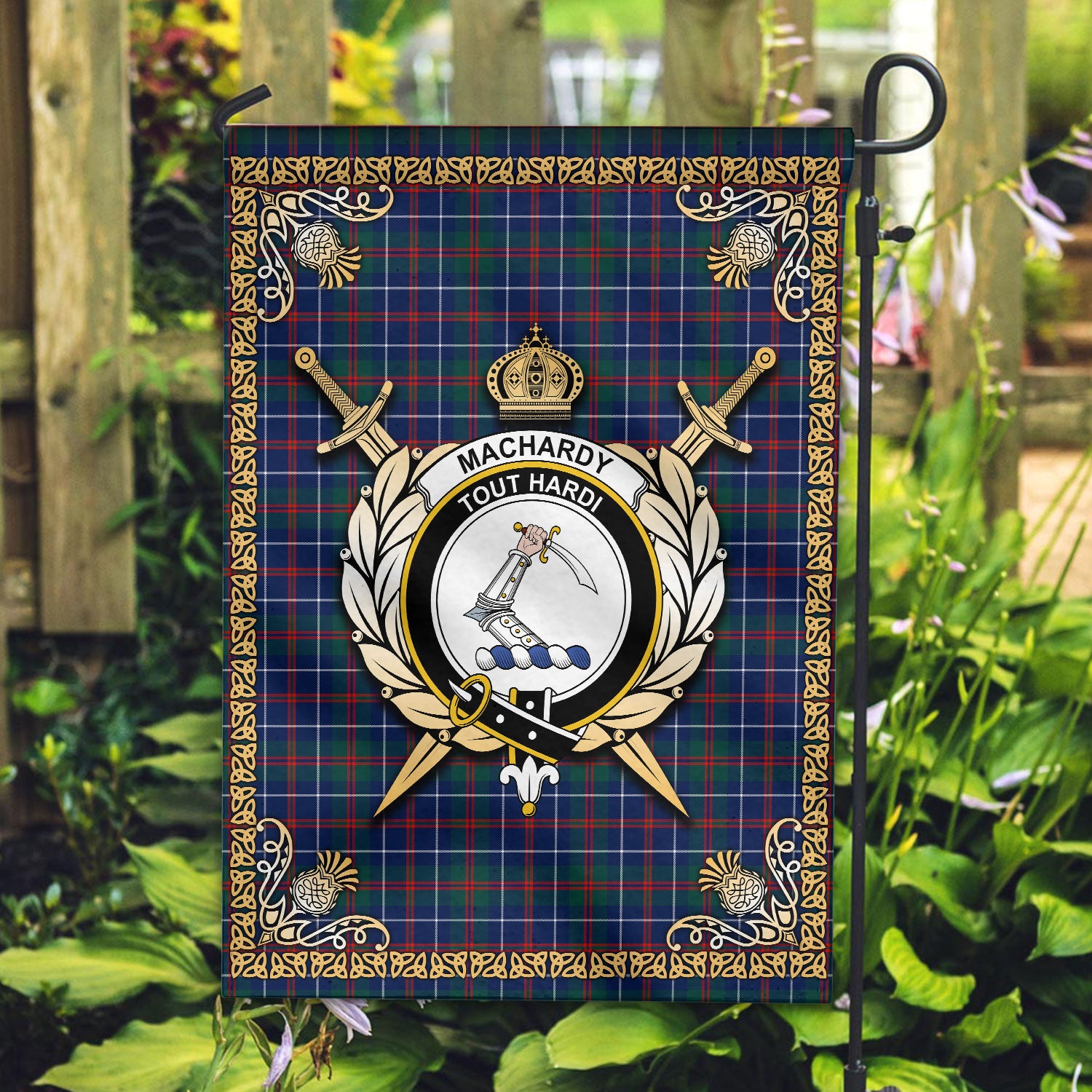 MacHardy Modern Tartan Crest Garden Flag - Celtic Thistle Style