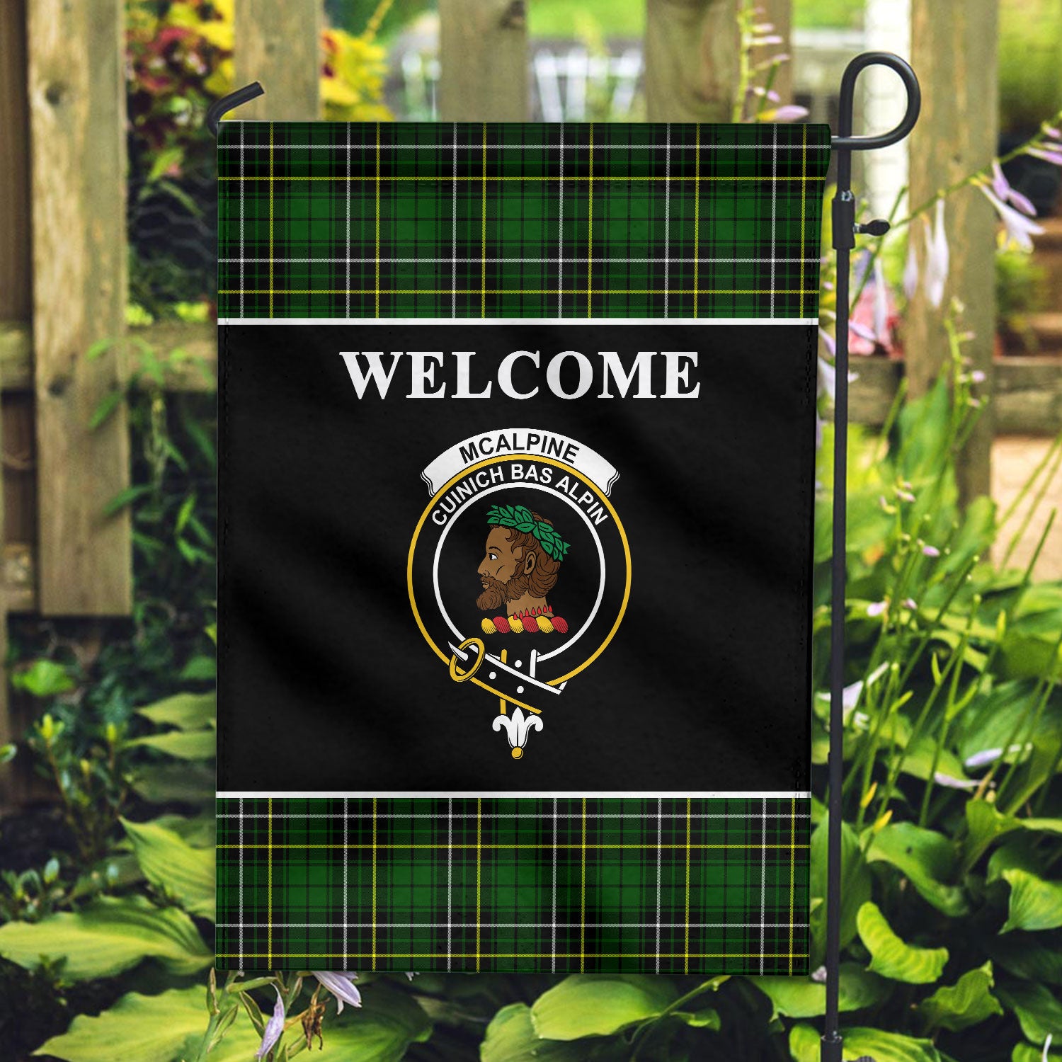 McAlpine Modern Tartan Crest Black Garden Flag