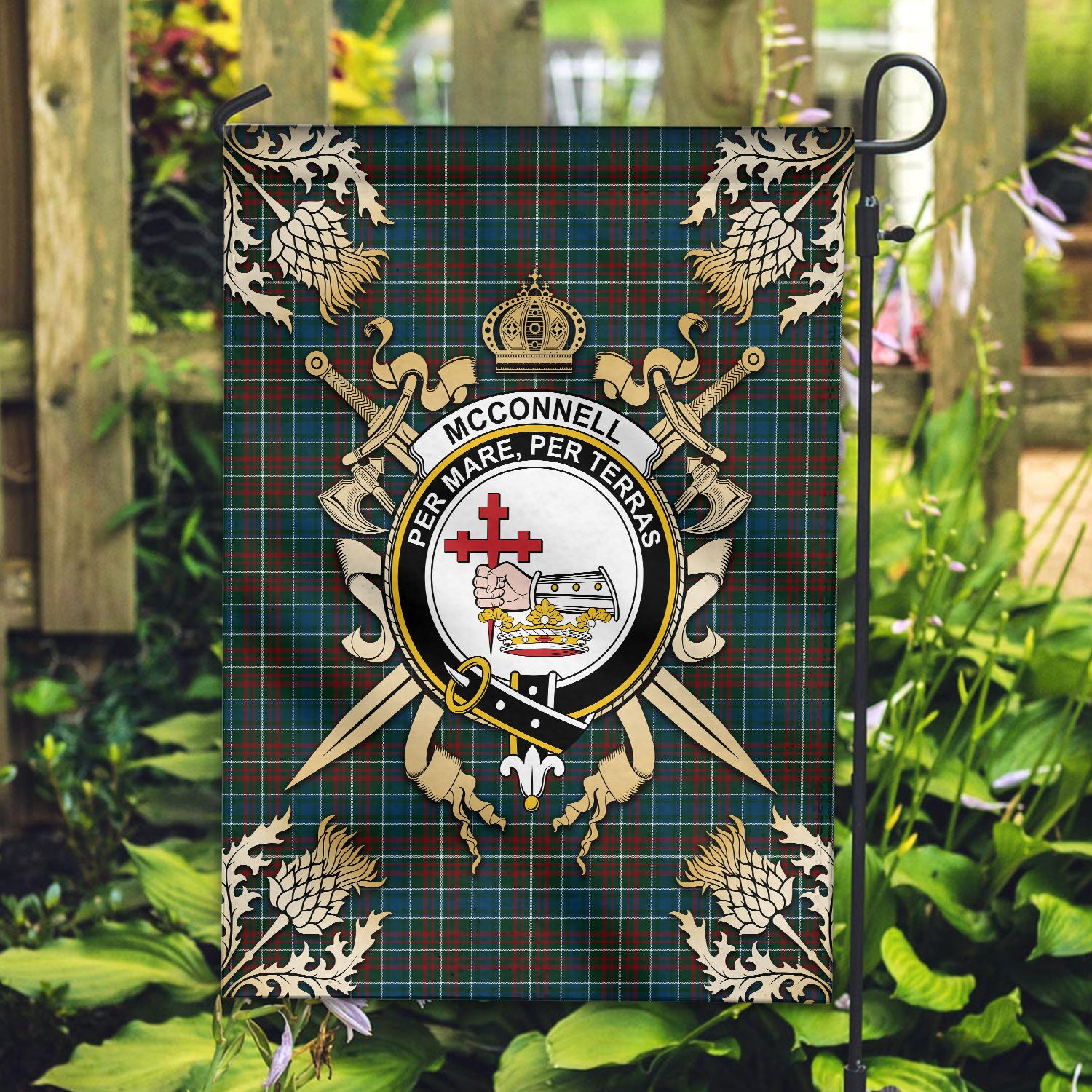 McConnell Tartan Crest Black Garden Flag - Gold Thistle Style