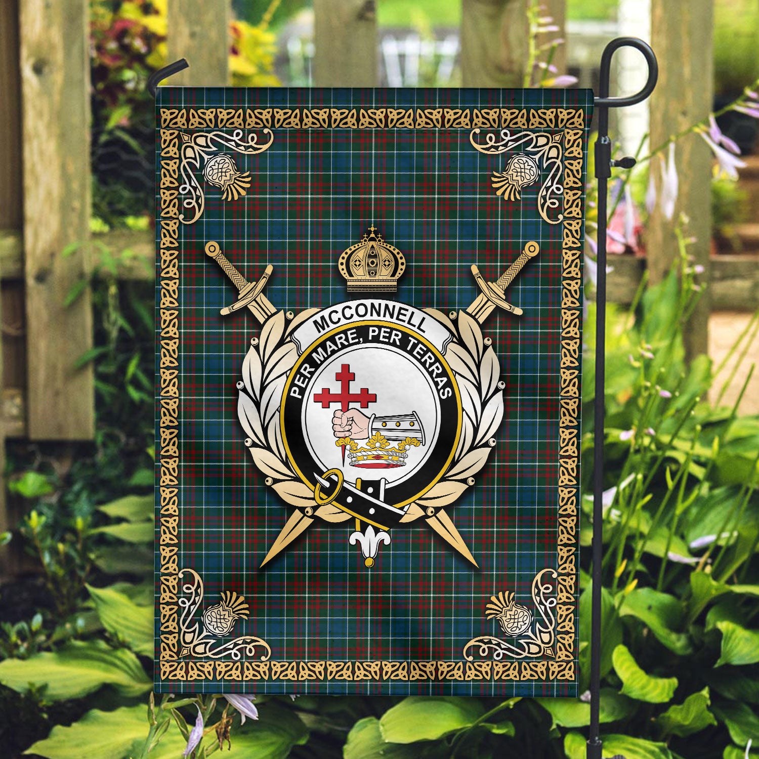 McConnell Tartan Crest Garden Flag - Celtic Thistle Style