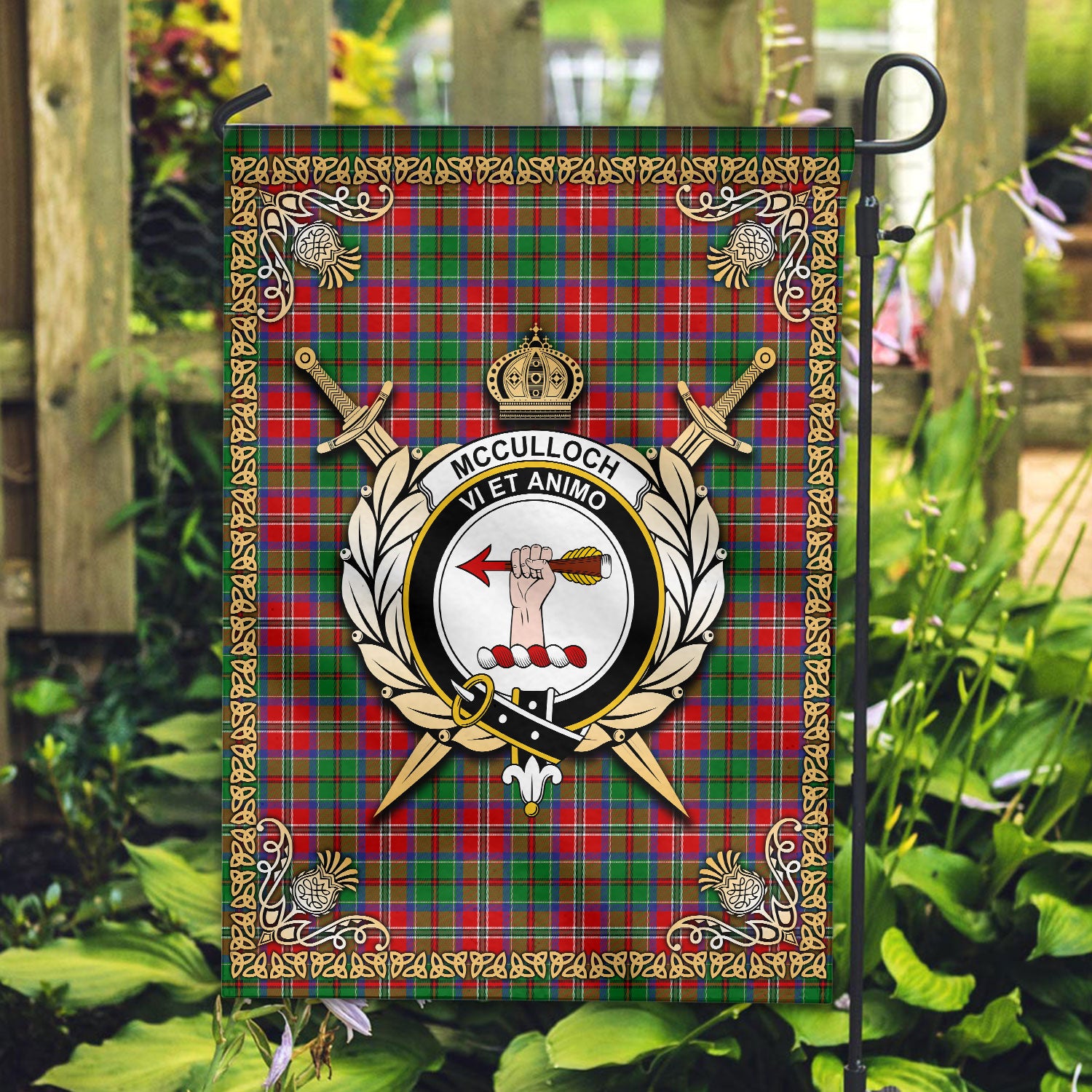 McCulloch Tartan Crest Garden Flag - Celtic Thistle Style