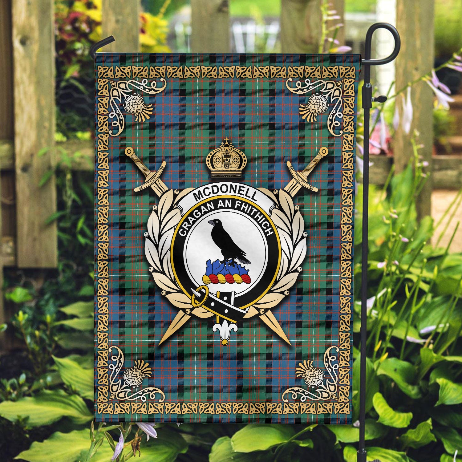 McDonell Ancient Tartan Crest Garden Flag - Celtic Thistle Style