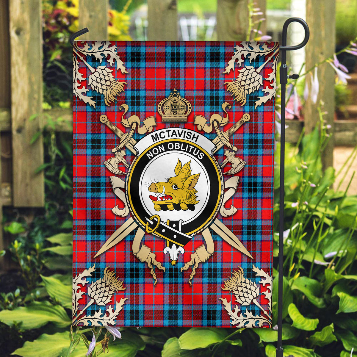 McTavish Tartan Crest Black Garden Flag - Gold Thistle Style