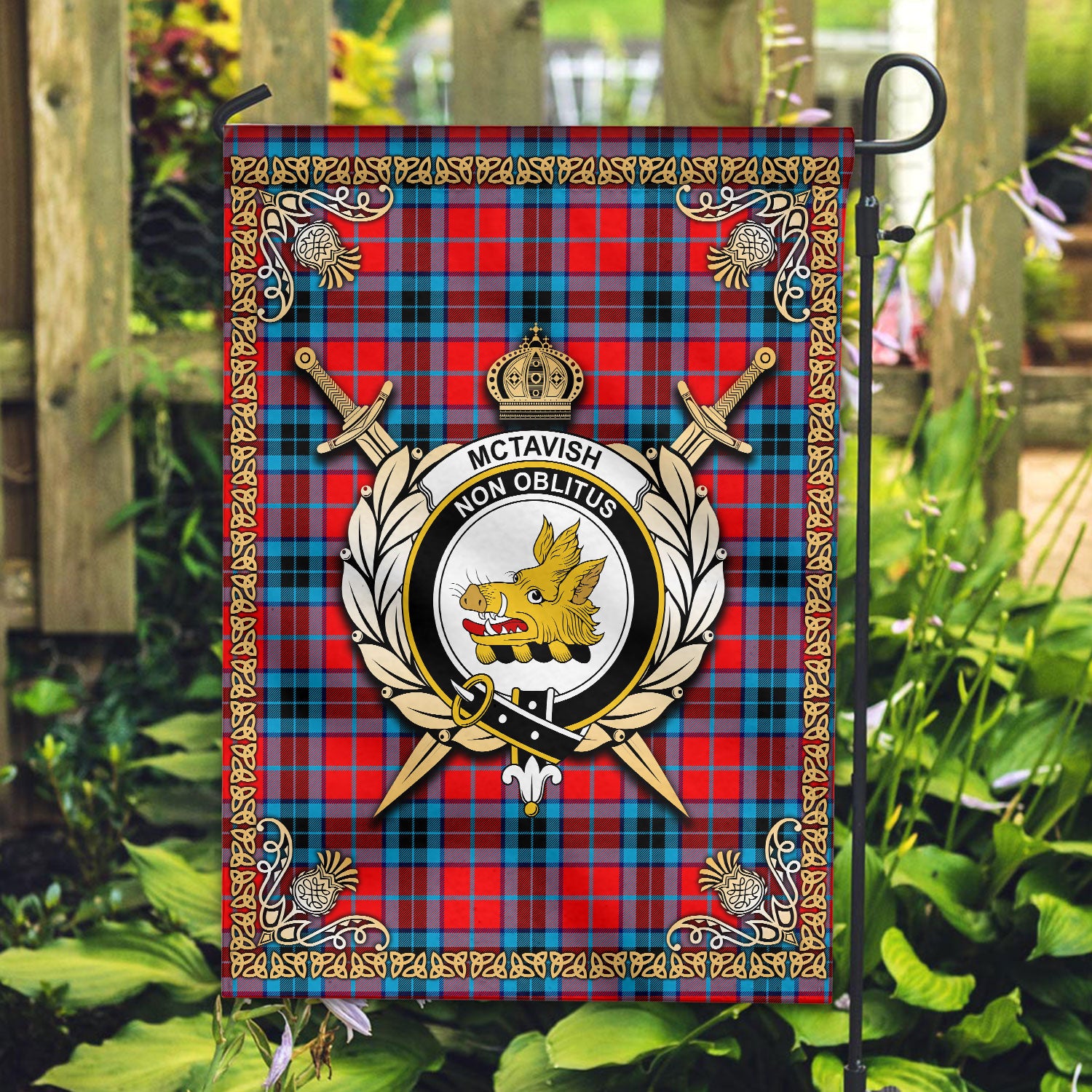 McTavish Tartan Crest Garden Flag - Celtic Thistle Style