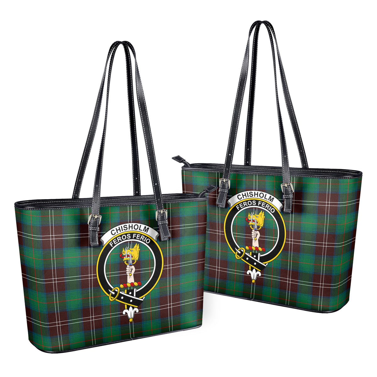 Chisholm Hunting Ancient Tartan Crest Leather Tote Bag