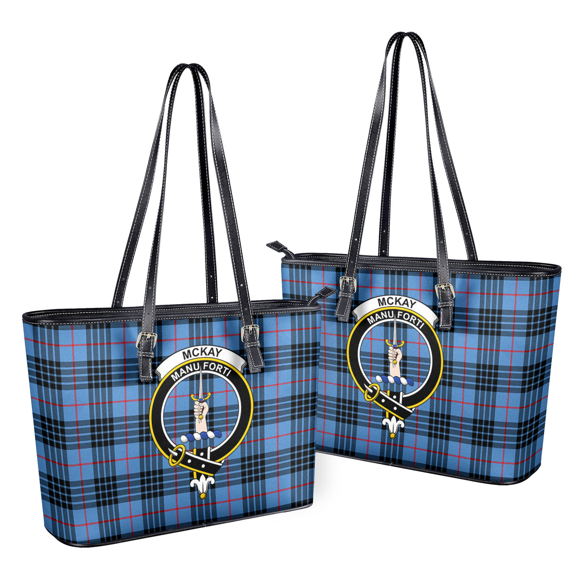 McKay Blue Tartan Crest Leather Tote Bag