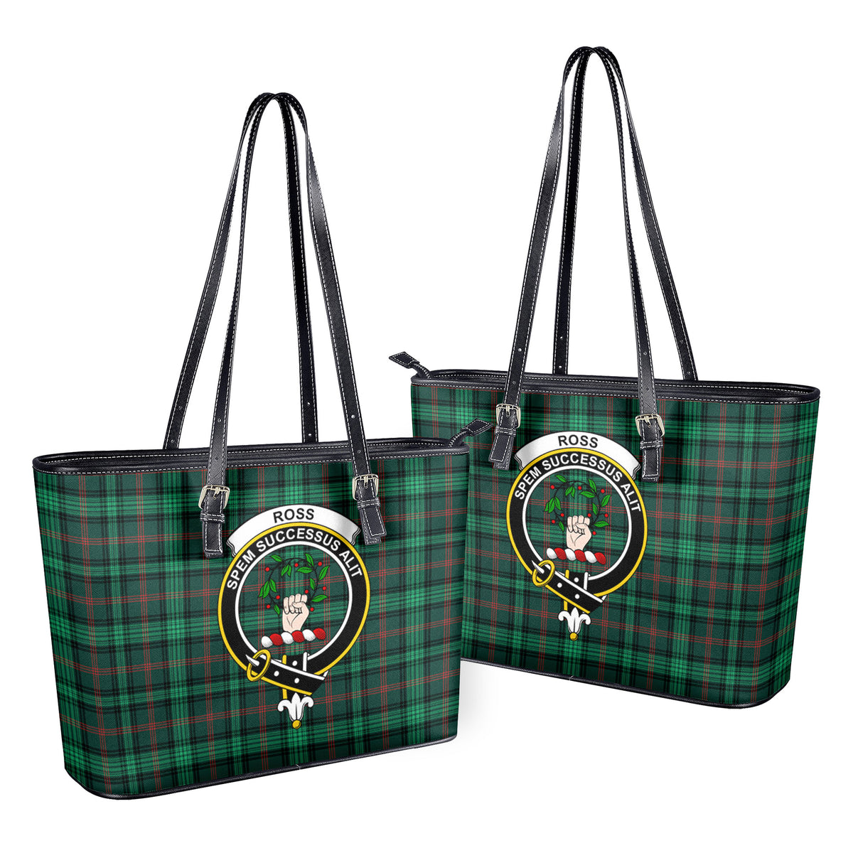 Ross Hunting Modern Tartan Crest Leather Tote Bag