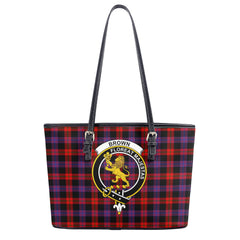 Brown Modern Tartan Crest Leather Tote Bag